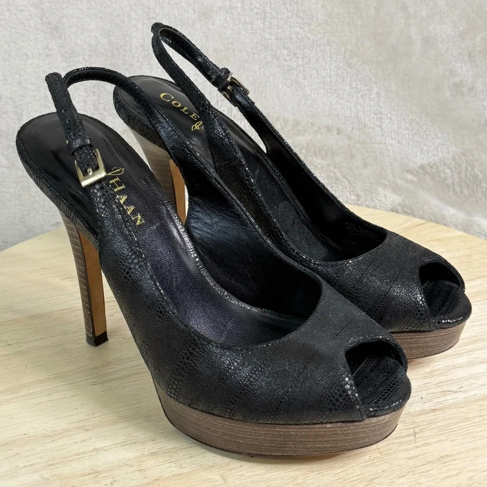 Cole Haan NikeAir Black Snake Embossed Platform Slingback Peep Toe Heels 5.5B‎